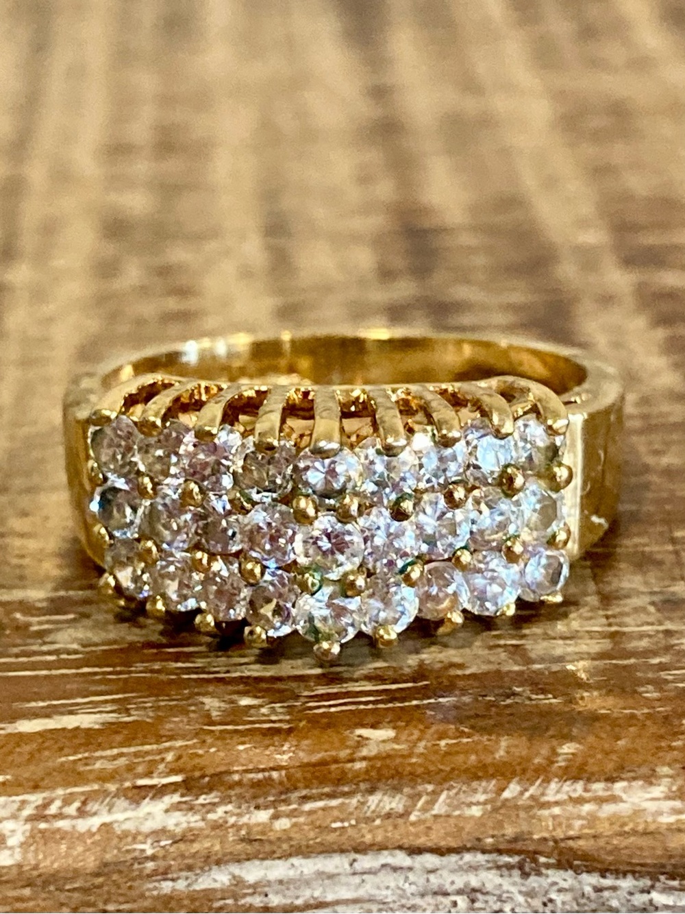 Gold Tone Ring in Poor Shape 3 Rows of Stones Size 10